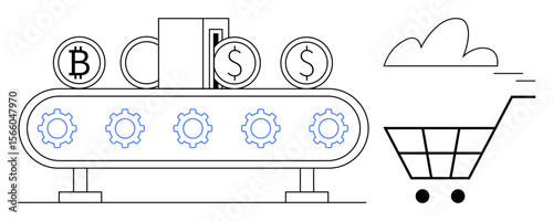 Conveyor belt with gears moving dollar coins, bitcoin, and cards toward a shopping cart suggests digital automation and financial processes. Ideal for e-commerce, technology, innovation, automation