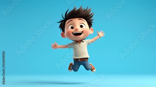 Happy young boy jumping with excitement in a bright blue background, showcasing joy and carefree nature in a playful cartoon style
