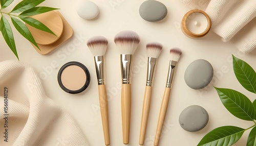 Sustainable beauty tools, soft texture brushes, vegan skincare, botanical cream, clean background, minimal, elegant style