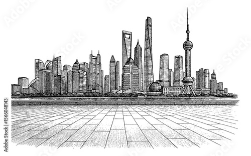 Shanghai Skyline Hand Drawn Illustration with Skyscrapers, River and Empty Stone Ground