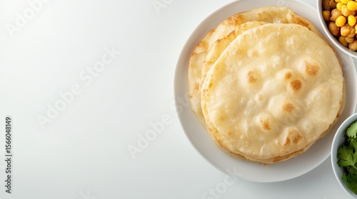Overhead view shows freshly made, stacked flatbread on a white plate, accompanied by bowls of toppings ready to be assembled on a white background.