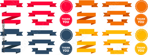 A collection of flat vector ribbons and labels in various shapes and styles.
