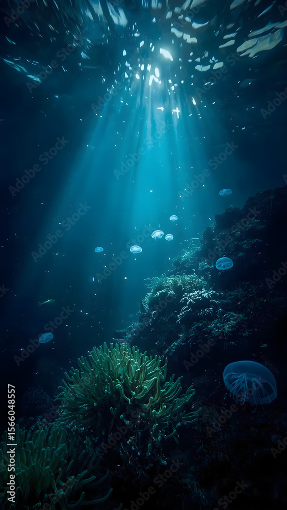 Fototapeta premium Sunken Deep Sea 8K Wallpaper, Bioluminescent Jellyfish, Underwater Serenity