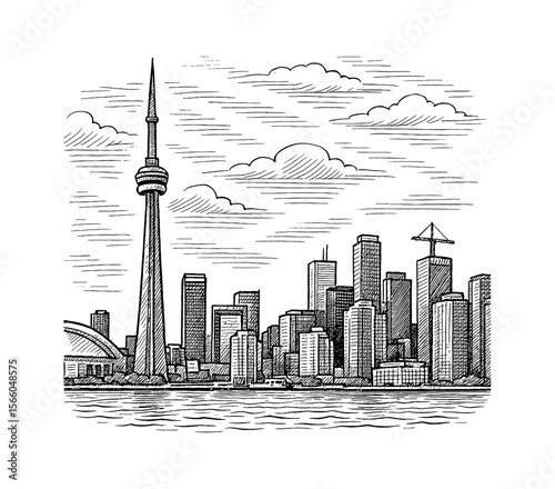Black and white detailed line art drawing of Toronto city skyline with tower and buildings