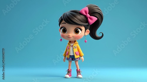 Cheerful young girl character with big eyes, playful hairstyle, colorful outfit, and a vibrant background in a cartoon style