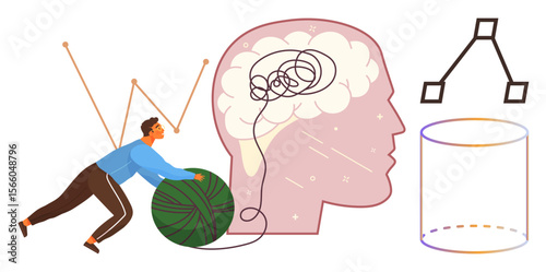 Person pushing a ball of yarn towards a brain with tangled thoughts, symbolizing clarity, creativity, and solutions. Ideal for psychology, productivity, self-help, mindfulness, innovation learning