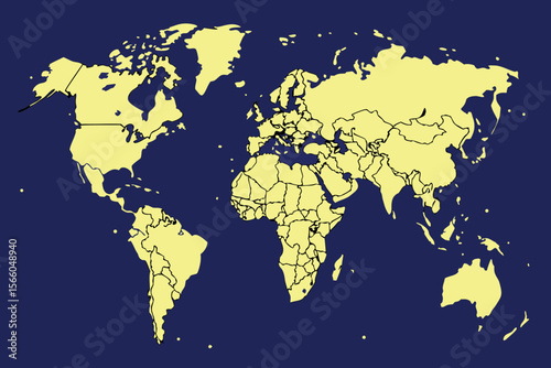 World Map Illustration with Yellow Continents on Dark Blue Background