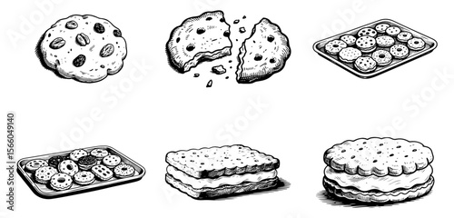 Cookies set, vector engraving style illustration