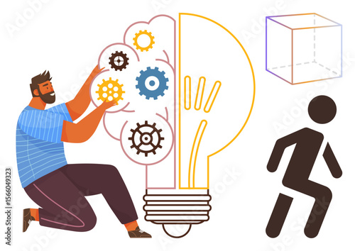 Man working on interconnected gears within a light bulb, cube, and walking figure. Ideal for creativity, innovation, problem-solving, teamwork, progress technology education. Simple flat metaphor