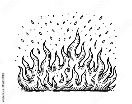 Illustration of Flames with Black and White Line Art Style Fire
