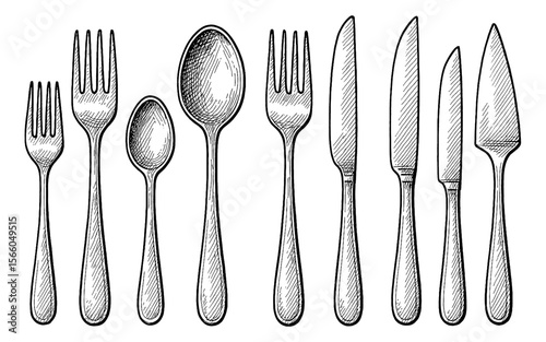 Engraved illustration of various cutlery in a row isolated on a white background.