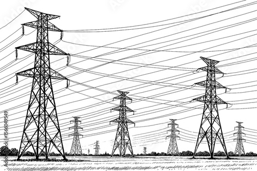 Array of power line towers and cables in black and white ink drawing style
