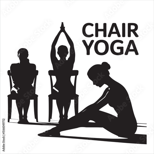 Three silhouettes of people practicing chair yoga poses with the words chair yoga