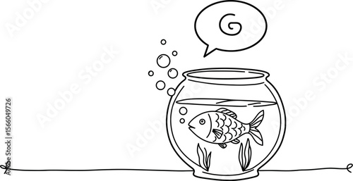 Fish in a bowl illustration simple line drawing of goldfish aquarium pet with thought bubble graphic art editable vector