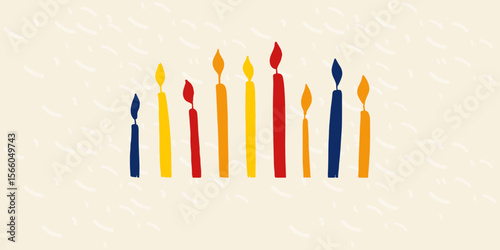 Colorful happy birthday greeting card with a bright collection of multi-colored lit candles arranged on a light background for celebration and festive illustration.