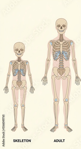 Anatomy illustration comparing the skeletal structure of an adult human with a child's skeleton.