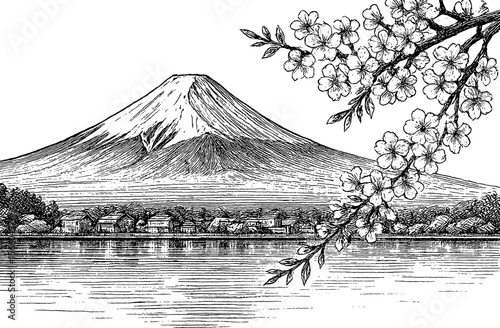 Mount Fuji with Cherry Blossoms and Village Engraved Landscape Scenery
