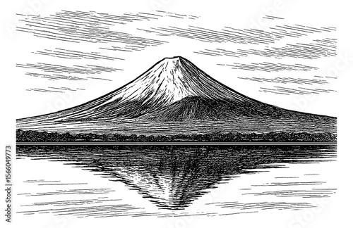 Detailed Engraving of Mountain Fuji with Reflection in Water and Cloudy Sky