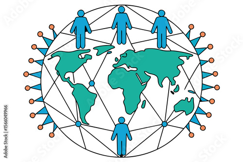 World Map with People Connected by Lines and Decorative Elements