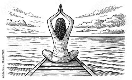 Woman Meditating on Dock Facing Ocean with Hands Raised Black and White Line Art