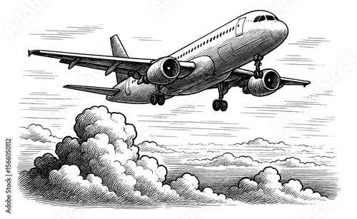 Airplane flying over clouds in the sky in black and white vintage engraving style drawing