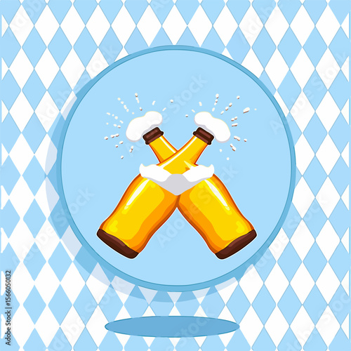 From the Oktoberfest series, a humorous pair of beer bottles hugging, on a traditional Bavarian pattern of blue and white diamonds