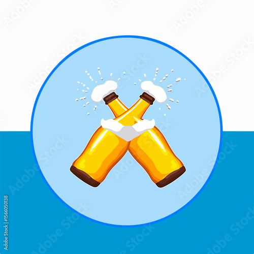 From the Oktoberfest series, a humorous pair of beer bottles hugging, on a traditional Bavarian pattern of blue and white strips