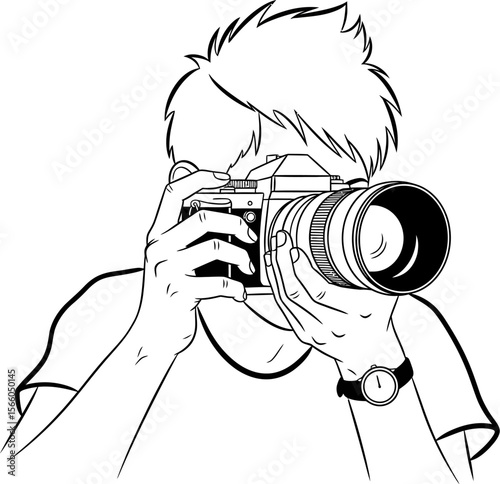 Photographer taking photo with professional camera in black and white line art illustration style editable vector