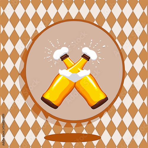 From the Oktoberfest series, a humorous pair of beer bottles hugging, on a traditional Bavarian pattern of brown diamonds
