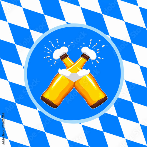 From the Oktoberfest series, a humorous pair of beer bottles hugging, on a traditional Bavarian pattern of blue and white diamonds