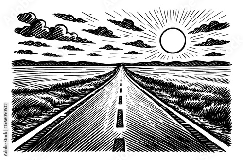 Engraved illustration of endless road leading to horizon with sun and clouds