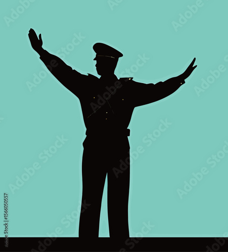 Silhouette of a police officer directing traffic against a turquoise background.