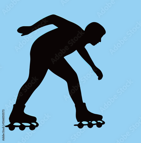Silhouette of a skater gliding on blue background, showcasing dynamic movement.