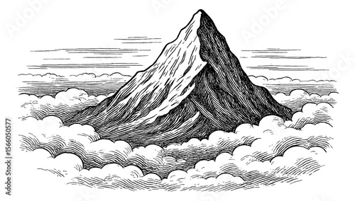 Engraved Mountain Peak Surrounded by Clouds with Detailed Lines and Black and White Colors