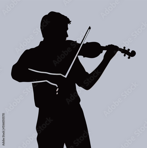 Silhouette of a young man playing the violin against a soft gray background.