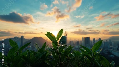 Scenic cityscape view at sunset with green leaves in the foreground, featuring an orange and blue sky with clouds, distant mountains, and city buildings under golden light. Beautiful skyline