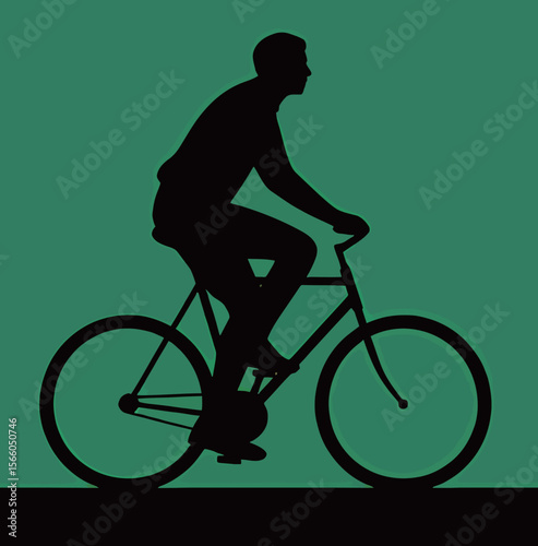Silhouette of a man riding a bicycle against a green background.