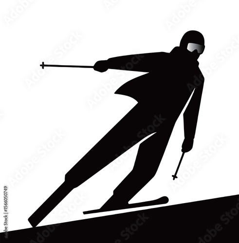 Silhouette of a male skier carving down a snowy slope.