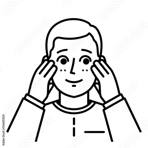 Man gently massaging his face with a smile 