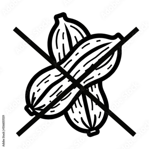 Crossed-out illustration of peanuts. A symbol of the absence of this allergenic nut in a food product.
