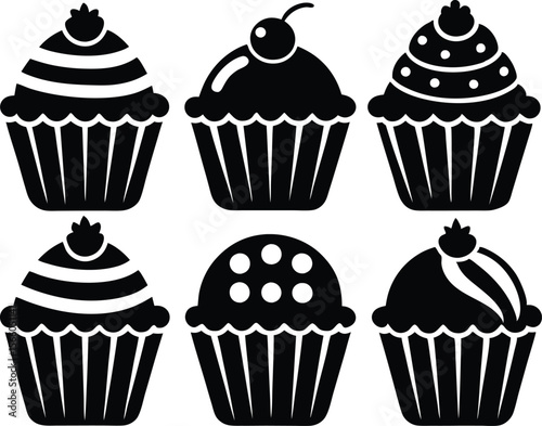 Set of black cupcakes silhouette vector illustration