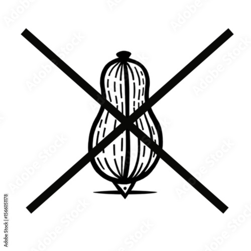 Crossed-out illustration of a single peanut. A symbol of the absence of this allergenic nut in a food product.