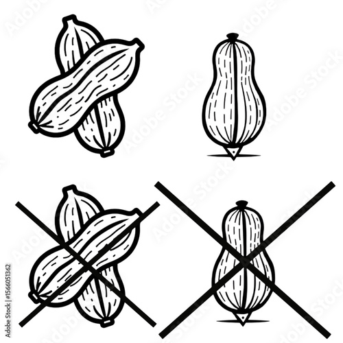 Collection of illustrations featuring peanuts, with some crossed-out symbols. 