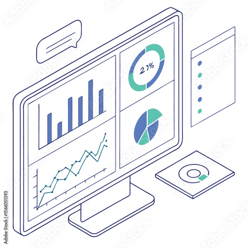 Isometric monitor displaying data visualizations including charts and graphs in blue and green hues