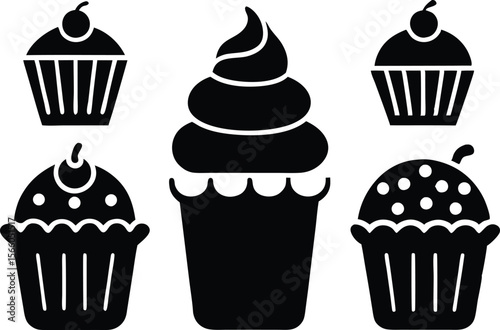 Set of black cupcakes silhouette vector illustration