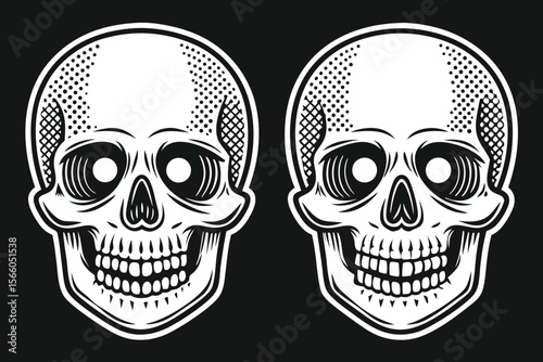 Two stylized skulls with detailed features on a skeleton bones