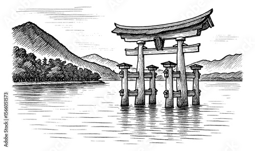 Illustration of Torii Gate in Water with Mountain Landscape in Engrave Style