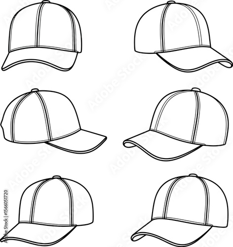 Vector baseball cap outline set, blank hat template for design mockup and branding, fashion accessory editable vector