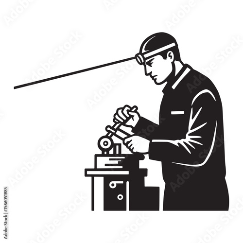 A skilled technician working with precision instruments in a retro engraved style
