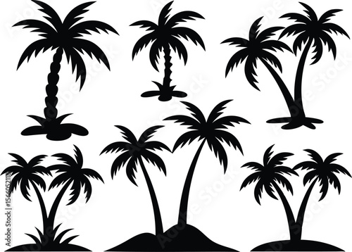Silhouette of palm trees, Collection of silhouette palm trees arranged in different styles and sizes for tropical-themed design